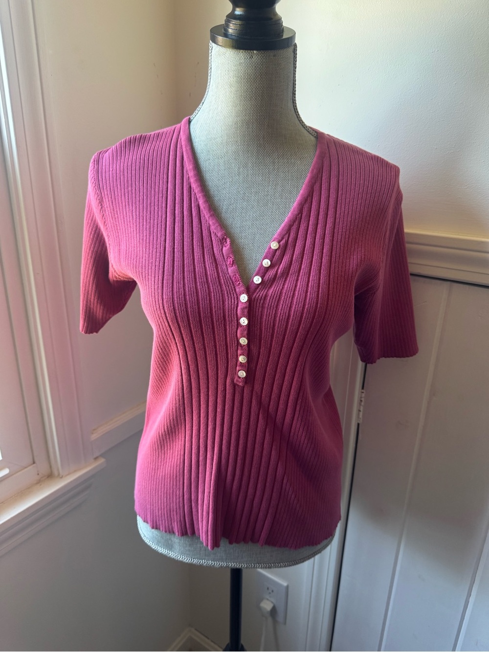 Vintage Gap Sweater Womens Medium Pink Rib Knit Button Front Short Sleeve Y2K